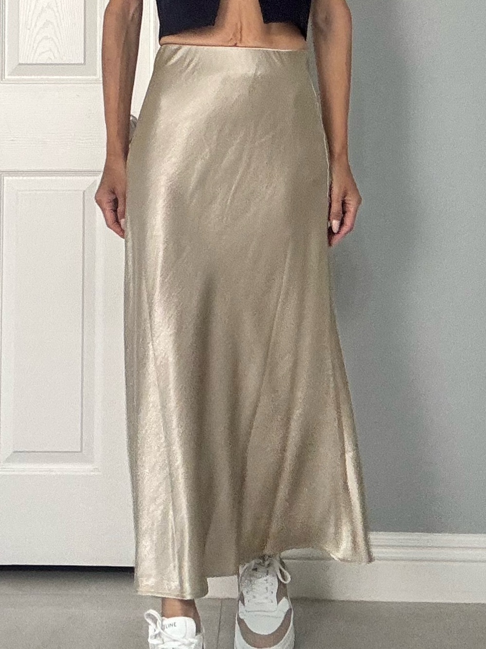 Satin High Waisted Maxi Skirt in Champagne Gold with Elastic Waistband